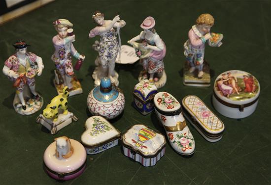 A group of five Continental porcelain Sitzendorf and other figurines and nine boxes, (14)
